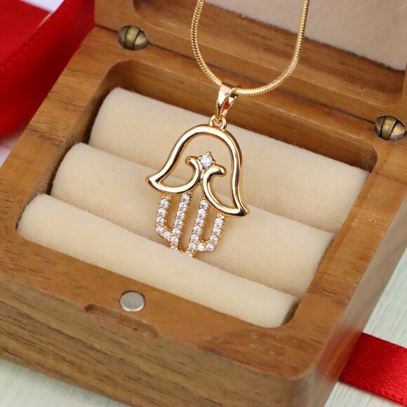 "Rose Gold Hamsa Hand Pendant in Gold Plated Brass with Accents, XPPT1760 - Picture 7 of 13